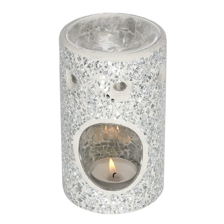 Silver Pillar Crackle Glass Oil Burner and Wax Warmer - Scents & Gifts UK