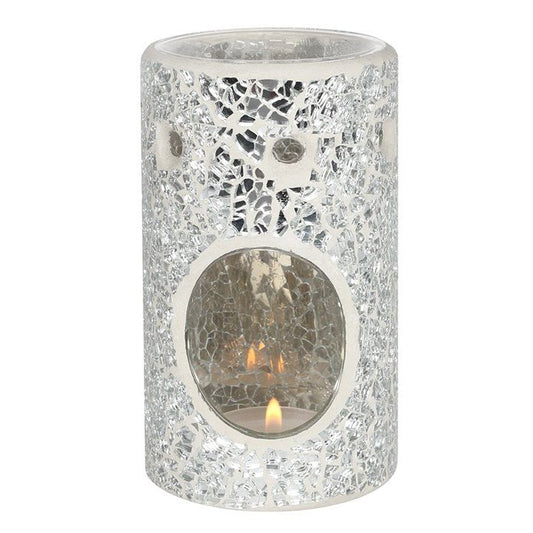 Silver Pillar Crackle Glass Oil Burner and Wax Warmer - Scents & Gifts UK