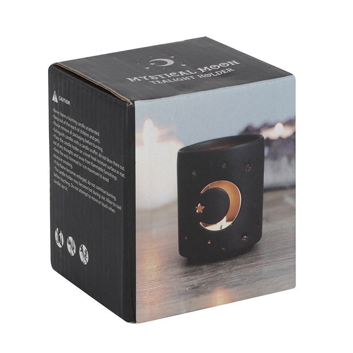 Small Black Mystical Moon Cut Out Tealight Holder - Scents & Gifts UK