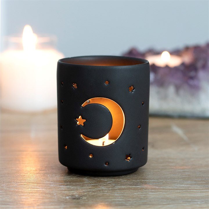 Small Black Mystical Moon Cut Out Tealight Holder - Scents & Gifts UK