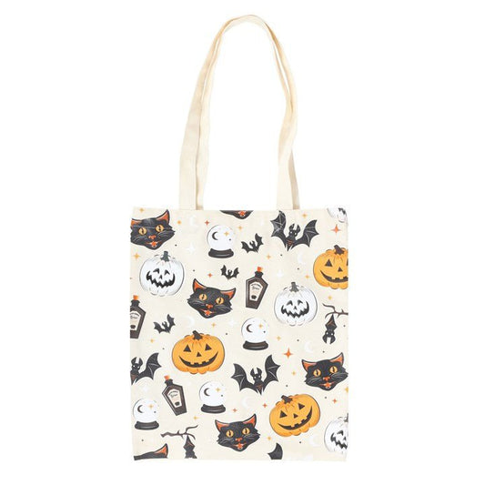 Spooky Cat and Pumpkin Print Polycotton Tote Bag - Scents & Gifts UK