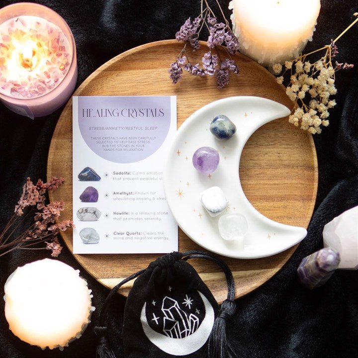Stress Healing Crystal Set with Moon Trinket Dish - Scents & Gifts UK