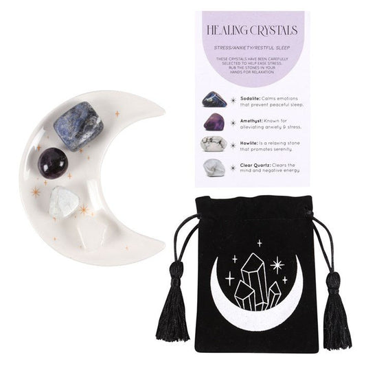 Stress Healing Crystal Set with Moon Trinket Dish - Scents & Gifts UK