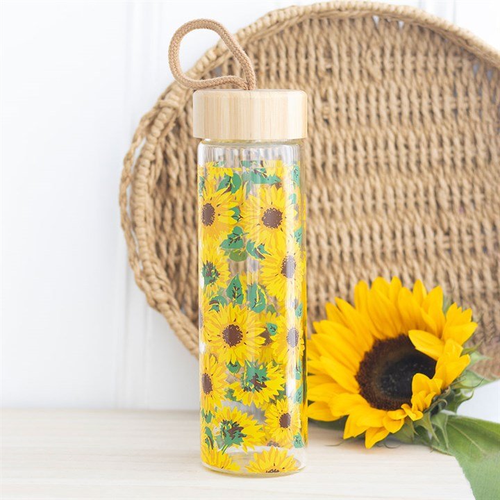 Sunflower Print Glass Water Bottle - Scents & Gifts UK