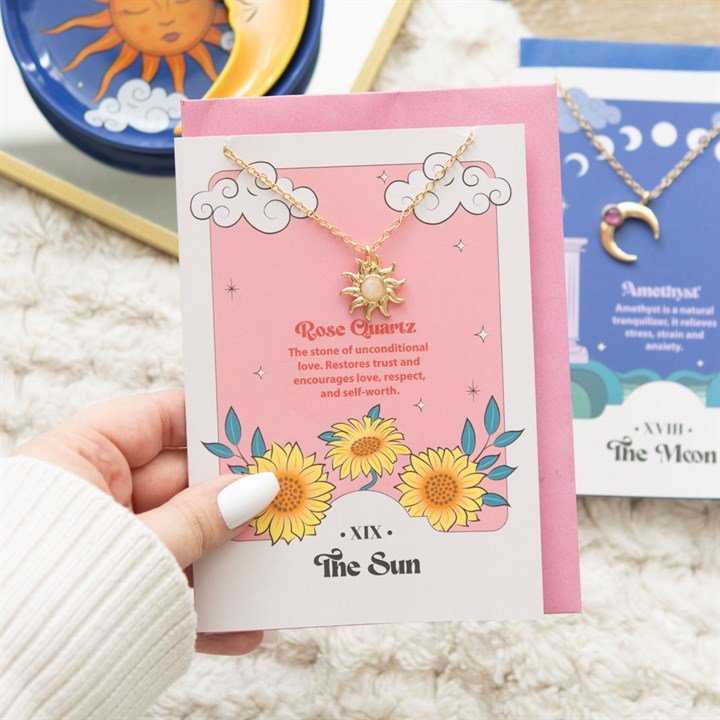 The Sun Celestial Rose Quartz Necklace Card - Scents & Gifts UK