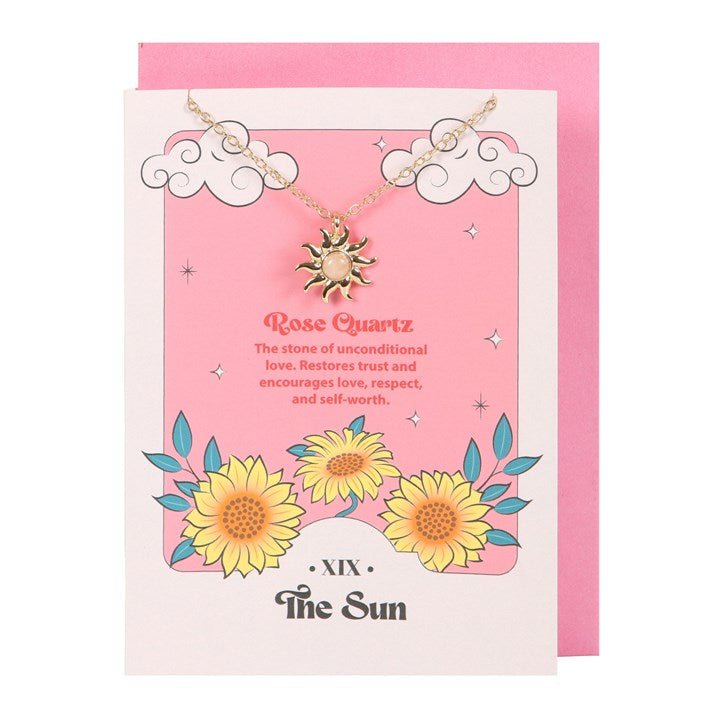 The Sun Celestial Rose Quartz Necklace Card - Scents & Gifts UK