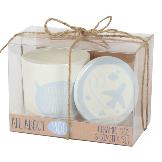 Travelling Means the World to Me Mug and Coaster Set - Scents & Gifts UK