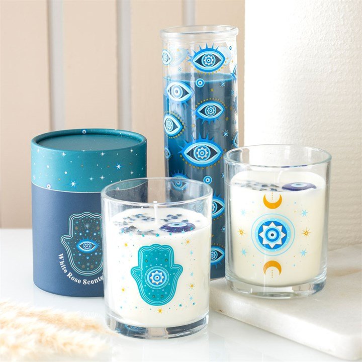 Under Watchful Eyes White Rose Candle with Crystals - Scents & Gifts UK