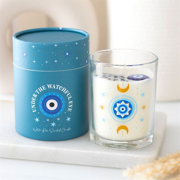 Under Watchful Eyes White Rose Candle with Crystals - Scents & Gifts UK