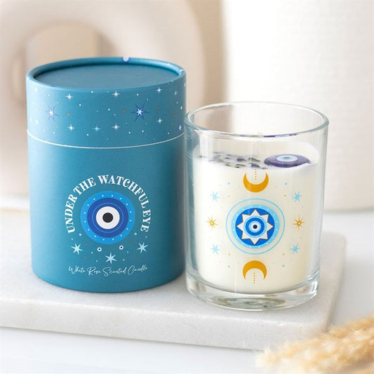 Under Watchful Eyes White Rose Candle with Crystals - Scents & Gifts UK