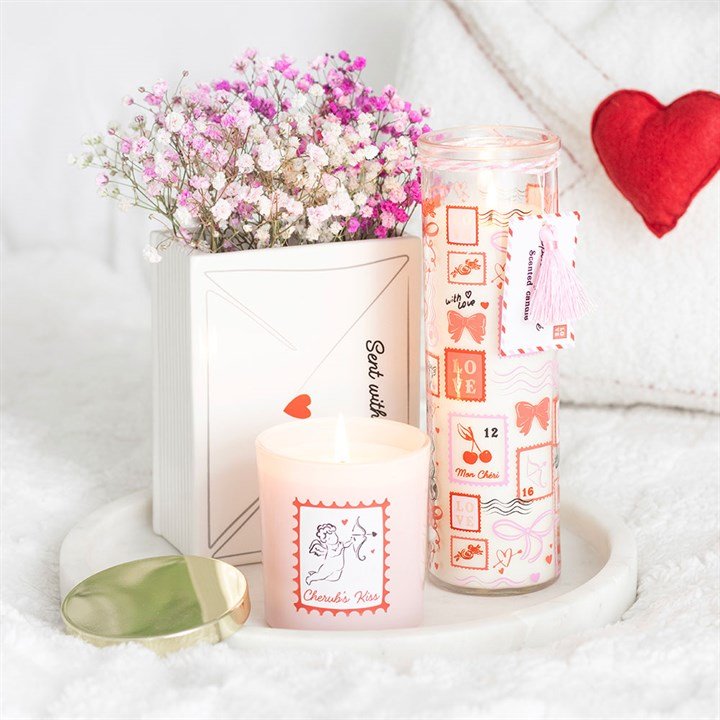 Valentine Postage Stamp Print Sparkling Rose Tube Candle - Scents & Gifts UK
