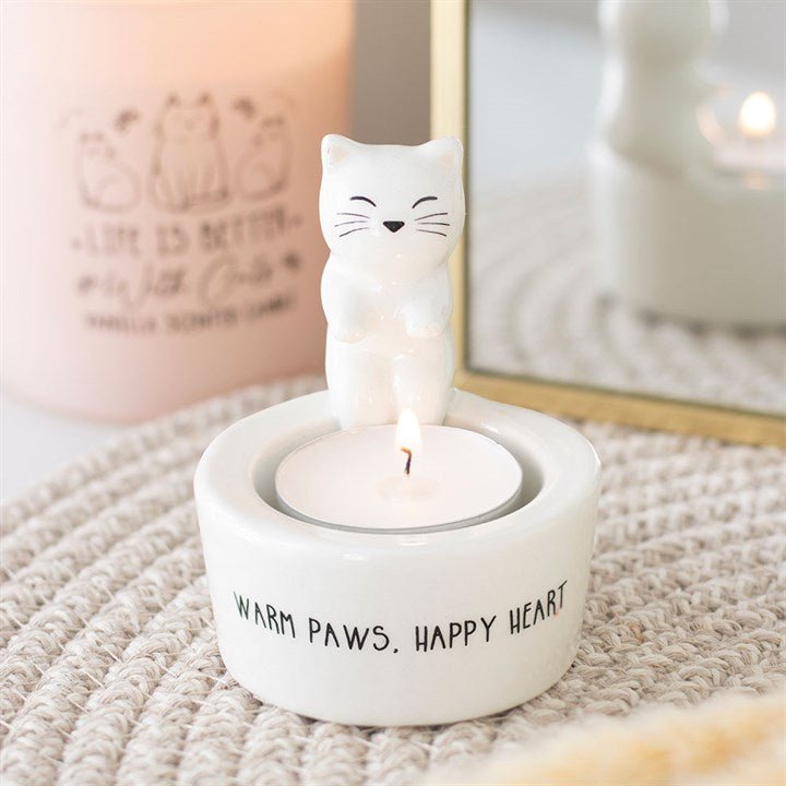 Warm Paws, Happy Heart Cat Tealight Holder - Scents & Gifts UK