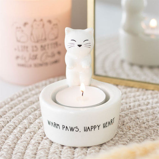 Warm Paws, Happy Heart Cat Tealight Holder - Scents & Gifts UK