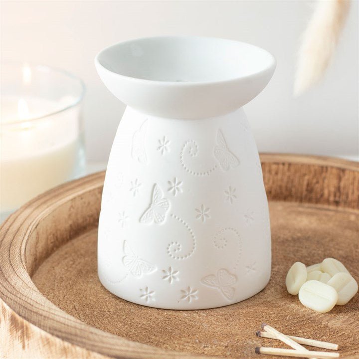White Ceramic Butterfly Oil Burner and Wax Warmer - Scents & Gifts UK