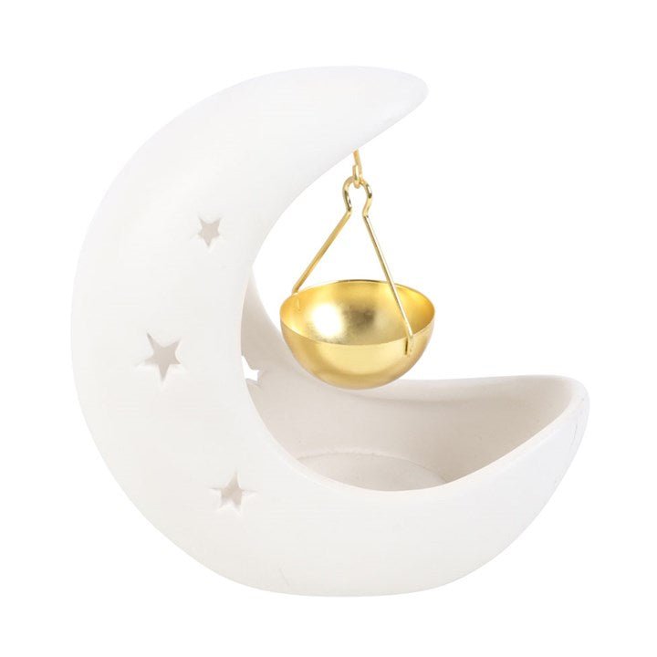 White Crescent Moon Hanging Oil Burner with Gold Dish - Scents & Gifts UK