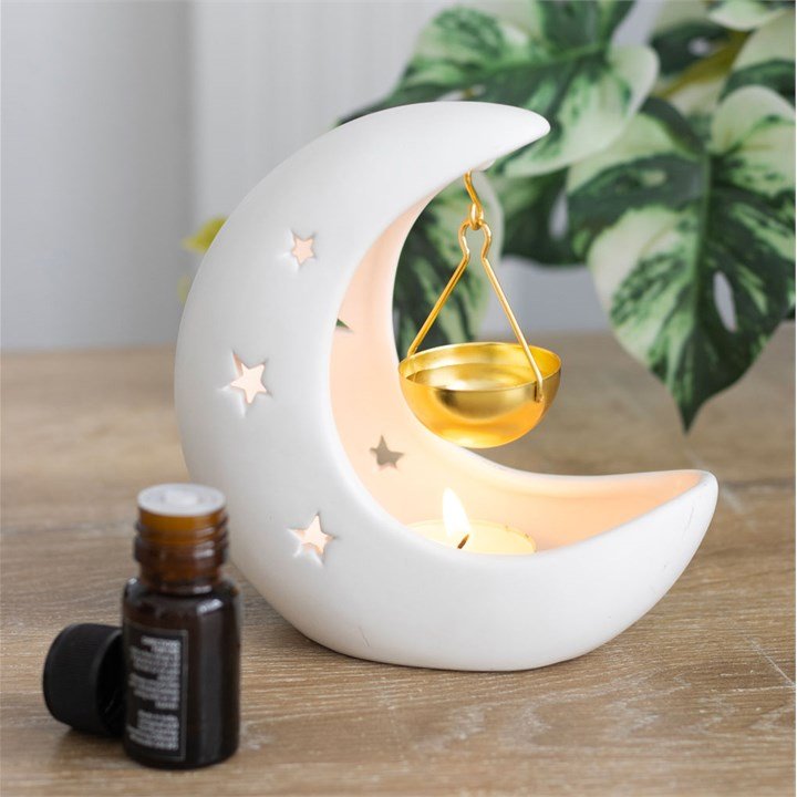 White Crescent Moon Hanging Oil Burner with Gold Dish - Scents & Gifts UK