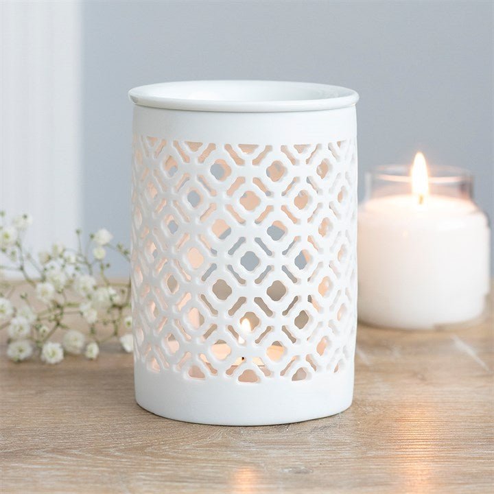 White Matte Lattice Cut Oil Burner - Scents & Gifts UK