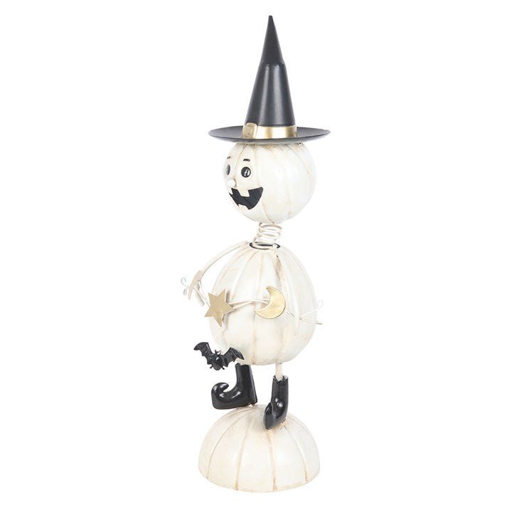 White Metal Pumpkin Man Ornament with Witch Hat - Scents & Gifts UK