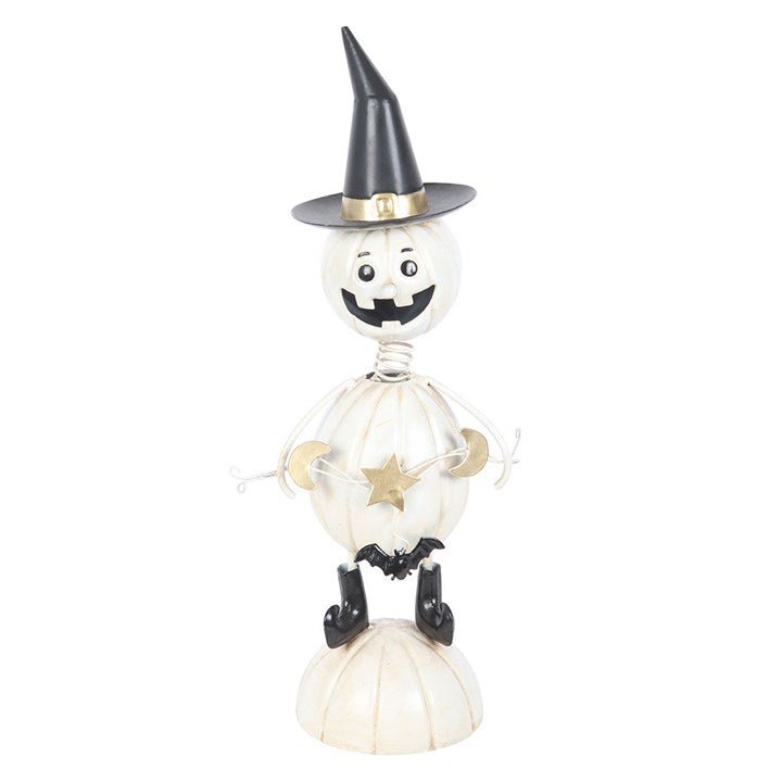 White Metal Pumpkin Man Ornament with Witch Hat - Scents & Gifts UK