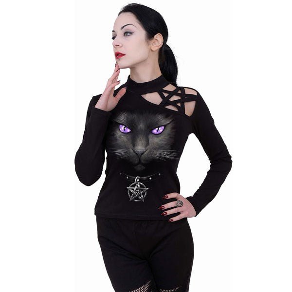 Women's Black Cat Pentagram Longsleeve Top by Spiral Direct M - Scents & Gifts UK