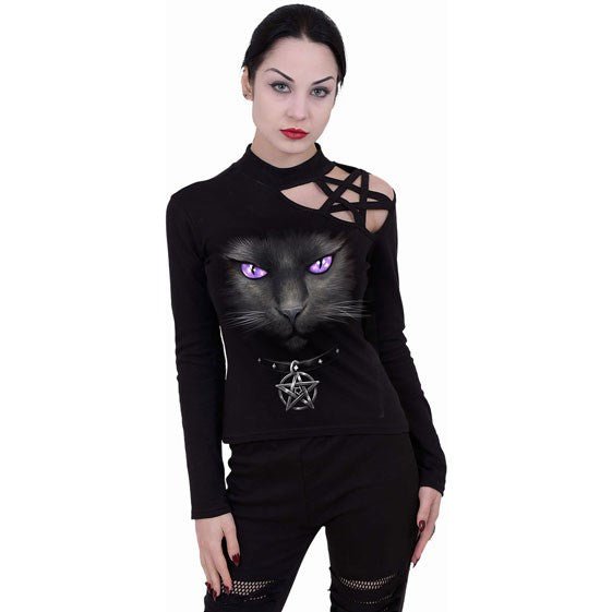 Women's Black Cat Pentagram Longsleeve Top by Spiral Direct XL - Scents & Gifts UK
