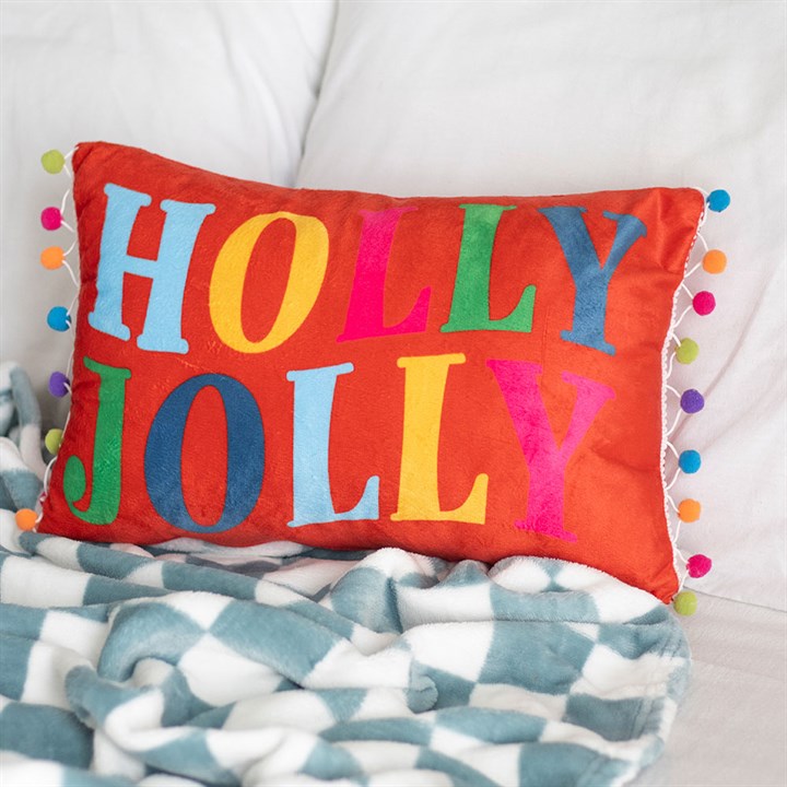 Red Holly Jolly Cushion with Pom Poms