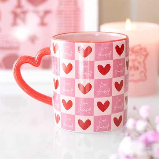 Love Yourself Checkered Mug with Heart Handle - Scents & Gifts UK