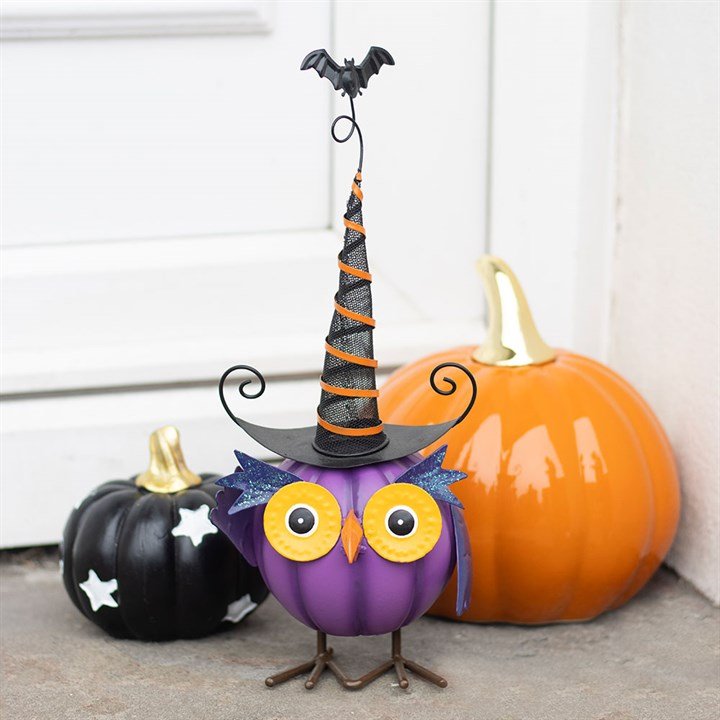 Purple Metal Owl Ornament with Witch Hat - Scents & Gifts UK