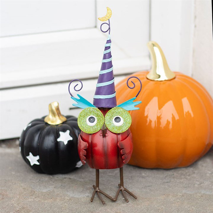 Red Metal Owl Ornament with Witch Hat - Scents & Gifts UK