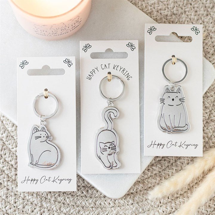 Set of 24 Happy Cat Keyrings on Display - Scents & Gifts UK