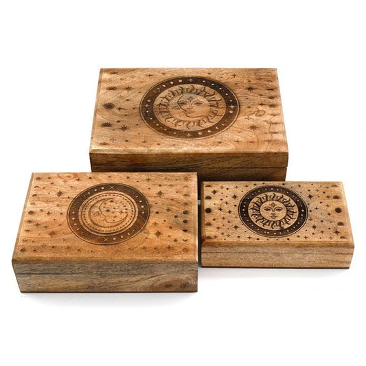 Set of 3 Sun and Moon Mango Wood Boxes - Scents & Gifts UK
