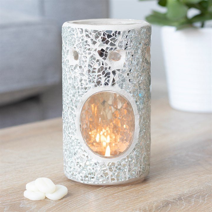 Silver Pillar Crackle Glass Oil Burner and Wax Warmer - Scents & Gifts UK