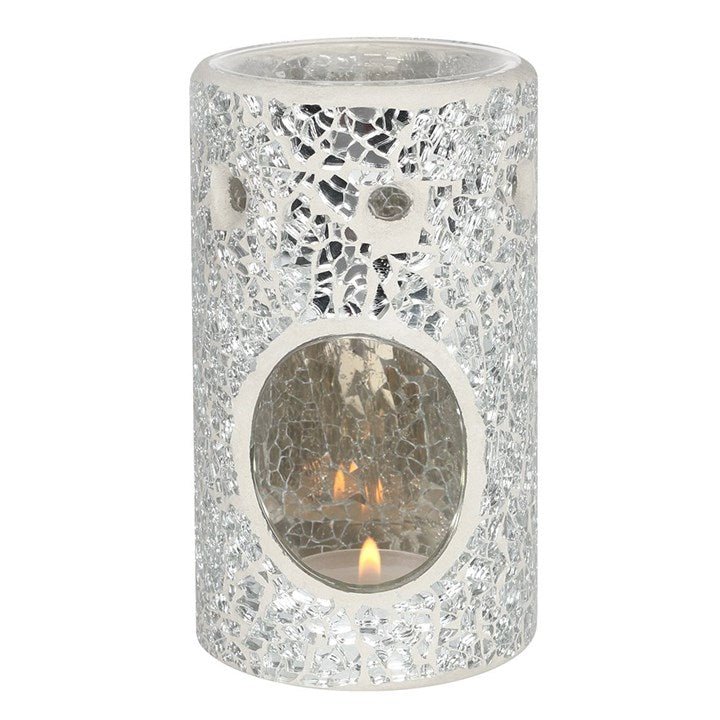 Silver Pillar Crackle Glass Oil Burner and Wax Warmer - Scents & Gifts UK