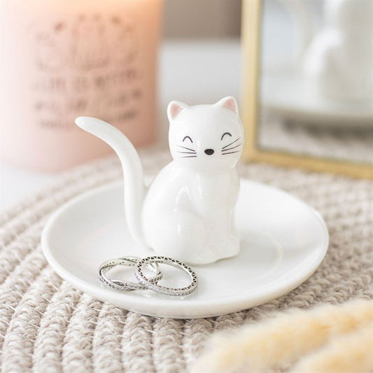 Sitting White Cat Face Trinket Dish - Scents & Gifts UK