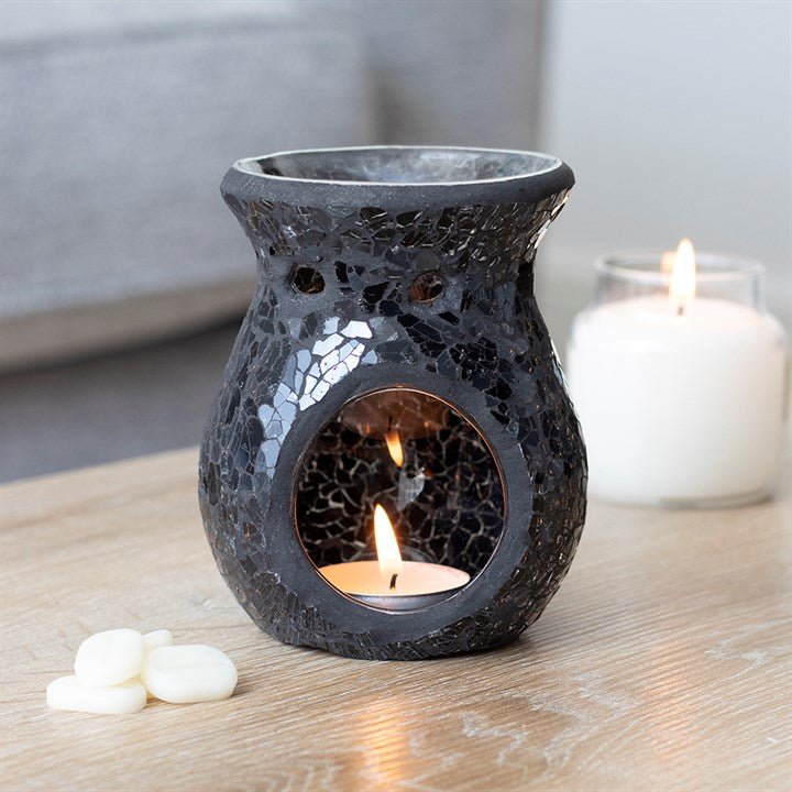 Small Black Crackle Glass Oil Burner and Wax Warmer - Scents & Gifts UK