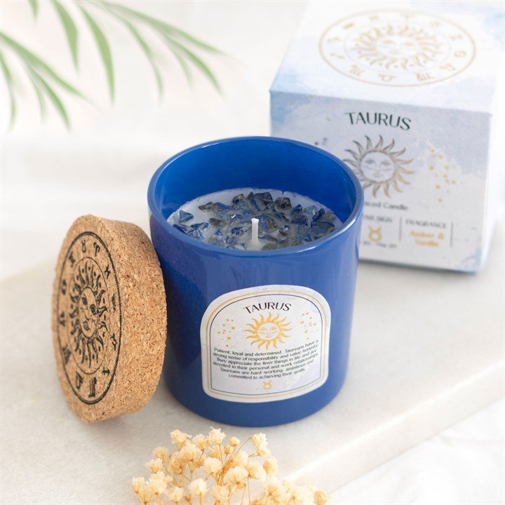 Taurus Amber & Vanilla Gemstone Zodiac Candle - Scents & Gifts UK