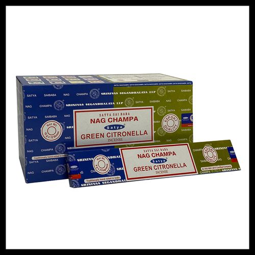 Set of 12 Packets of Combo Satya Incense - Nag Champa Green Citronella