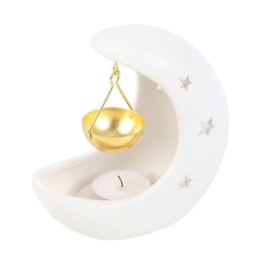 White Crescent Moon Hanging Oil Burner with Gold Dish - Scents & Gifts UK