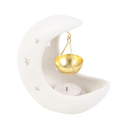 White Crescent Moon Hanging Oil Burner with Gold Dish - Scents & Gifts UK