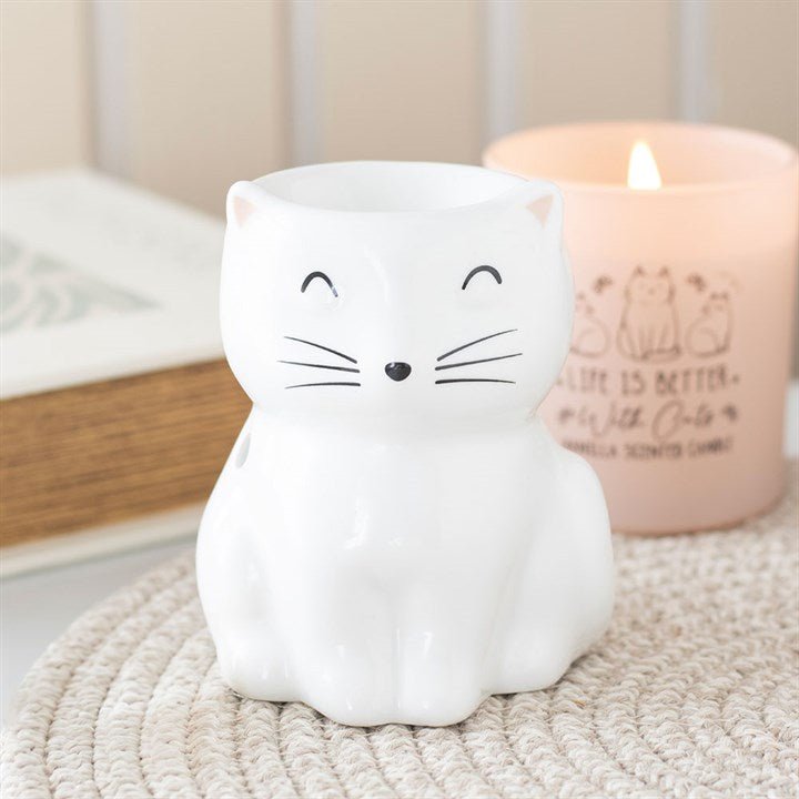 White Happy Cat Oil Burner - Scents & Gifts UK