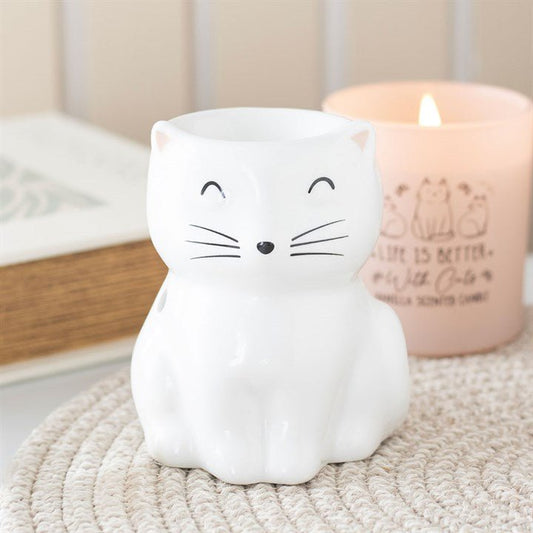 White Happy Cat Oil Burner - Scents & Gifts UK