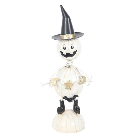 White Metal Pumpkin Man Ornament with Witch Hat - Scents & Gifts UK