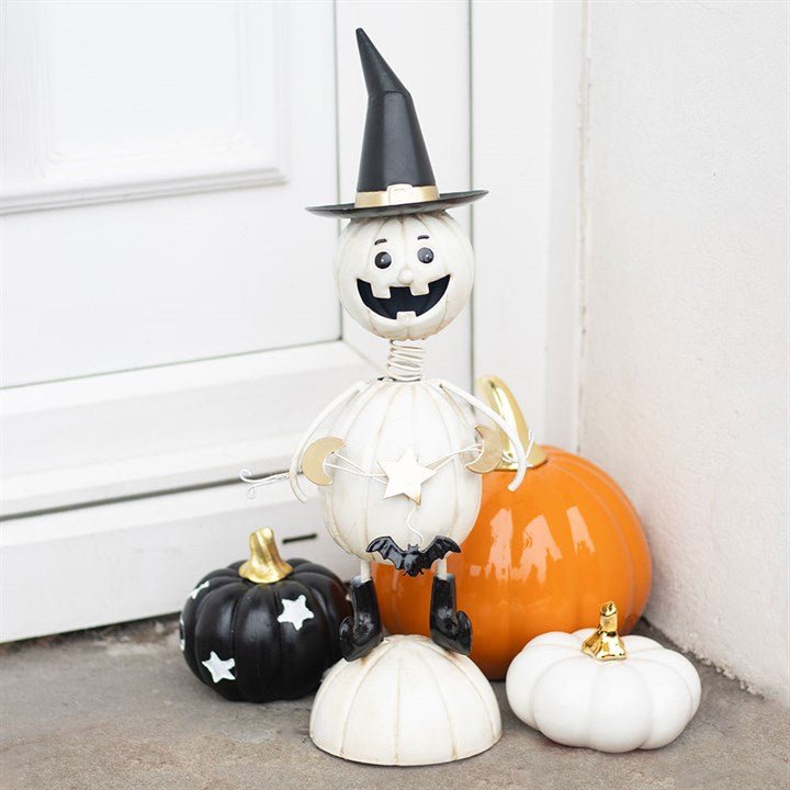 White Metal Pumpkin Man Ornament with Witch Hat - Scents & Gifts UK