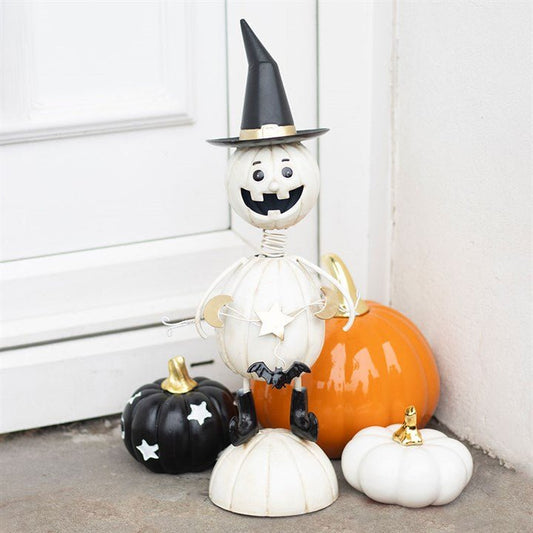 White Metal Pumpkin Man Ornament with Witch Hat - Scents & Gifts UK