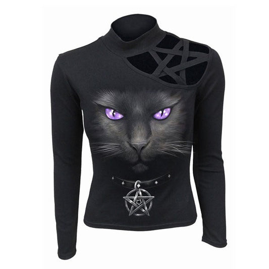 Women's Black Cat Pentagram Longsleeve Top by Spiral Direct M - Scents & Gifts UK